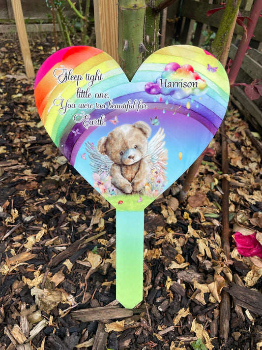 Personalised teddy bear baby memorial marker with remembrance wording