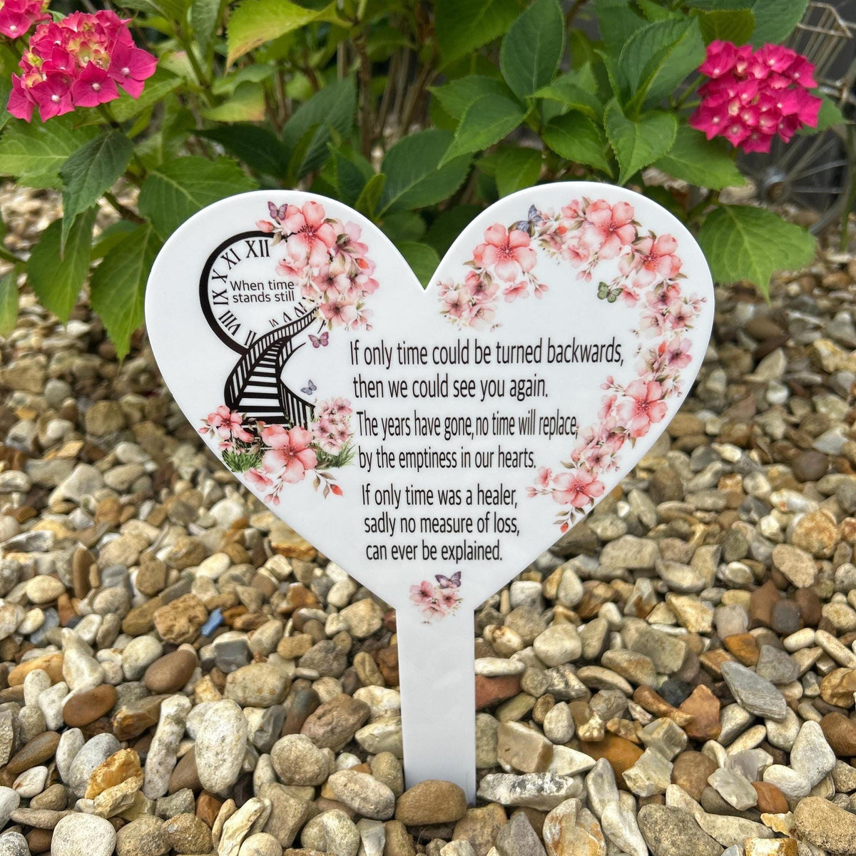 Personalised Time Stands Still heart grave marker for a loved one