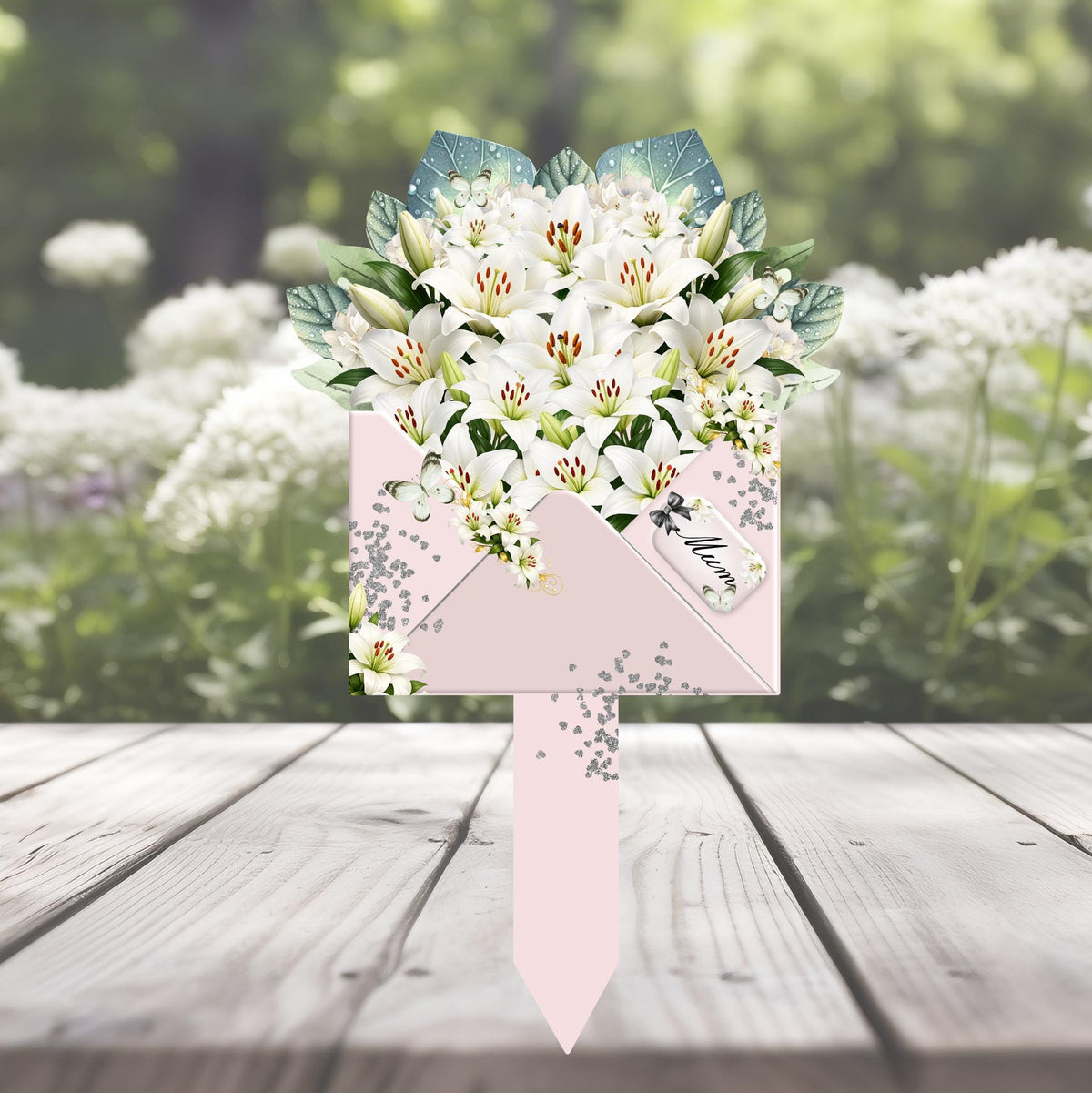 Personalised white lily memorial flower marker with remembrance wording