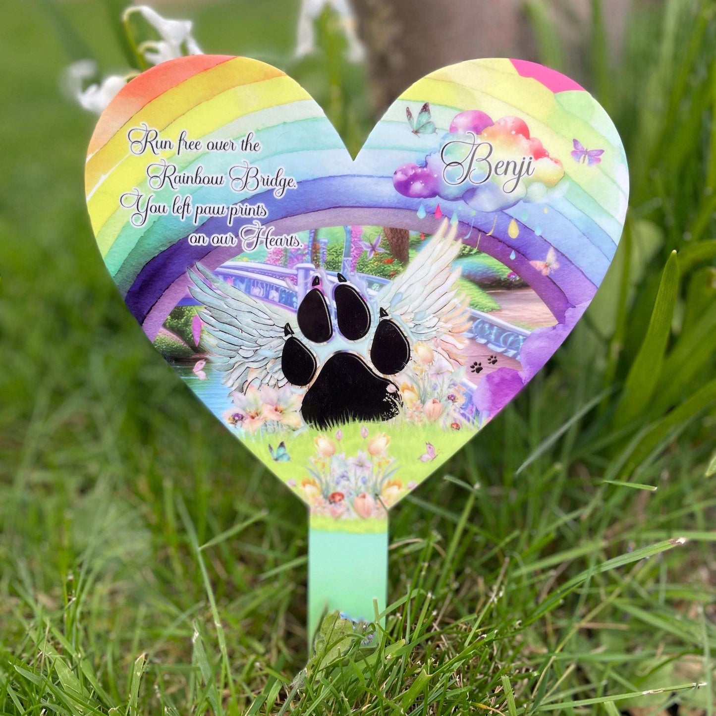 Pet loss Rainbow Bridge memorial marker with paw print wording