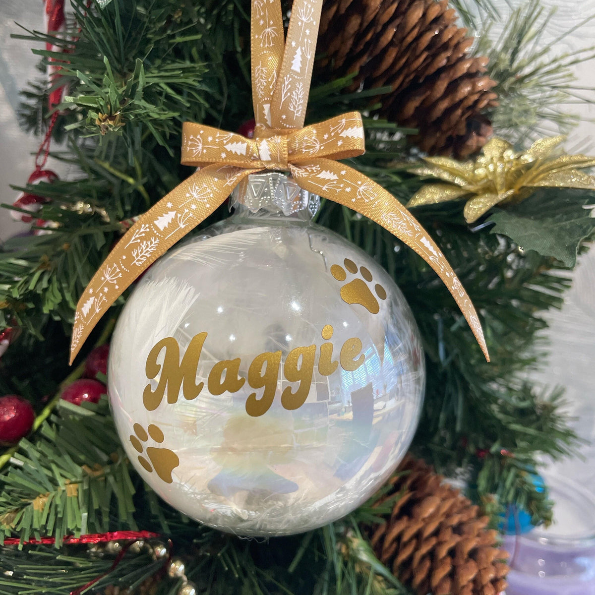 Pet memorial feather bauble with gold lettering