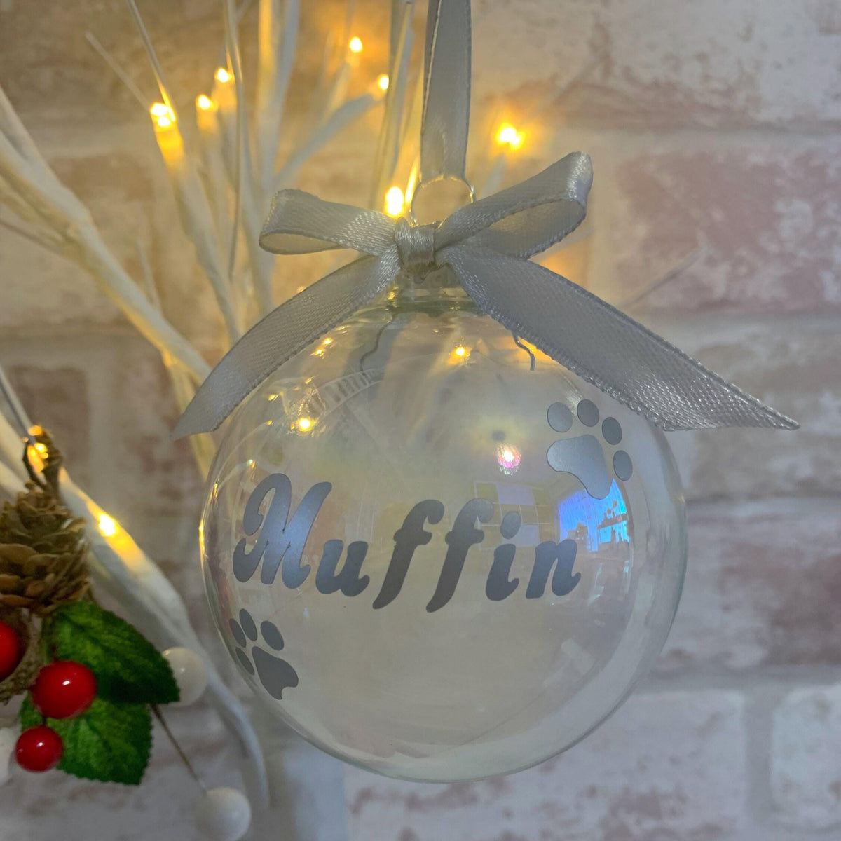 Pet memorial feather bauble with silver lettering