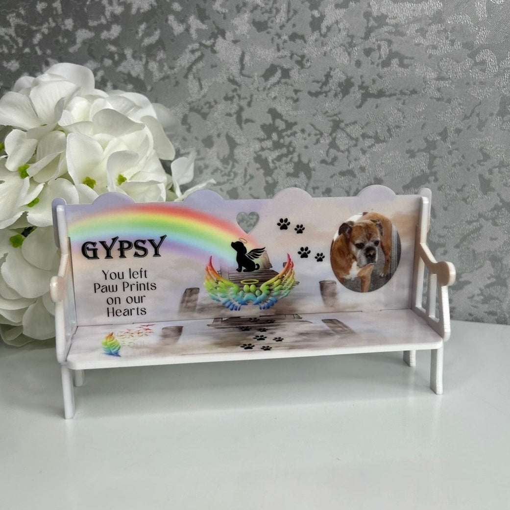 Personalised pet memorial bench for a dog with photo, rainbow bridge design and paw prints remembrance wording
