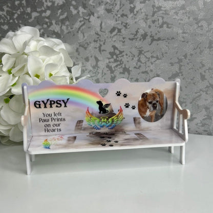 Personalised pet memorial bench for a dog with photo, rainbow bridge design and paw prints remembrance wording