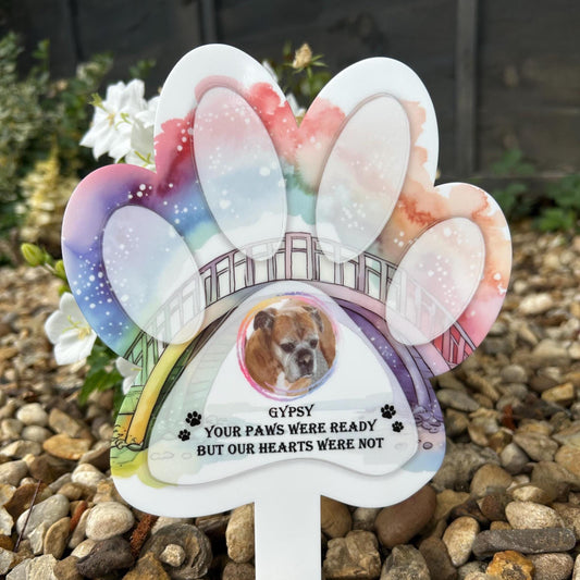 Pet memorial paw grave marker with personalised photo and rainbow design