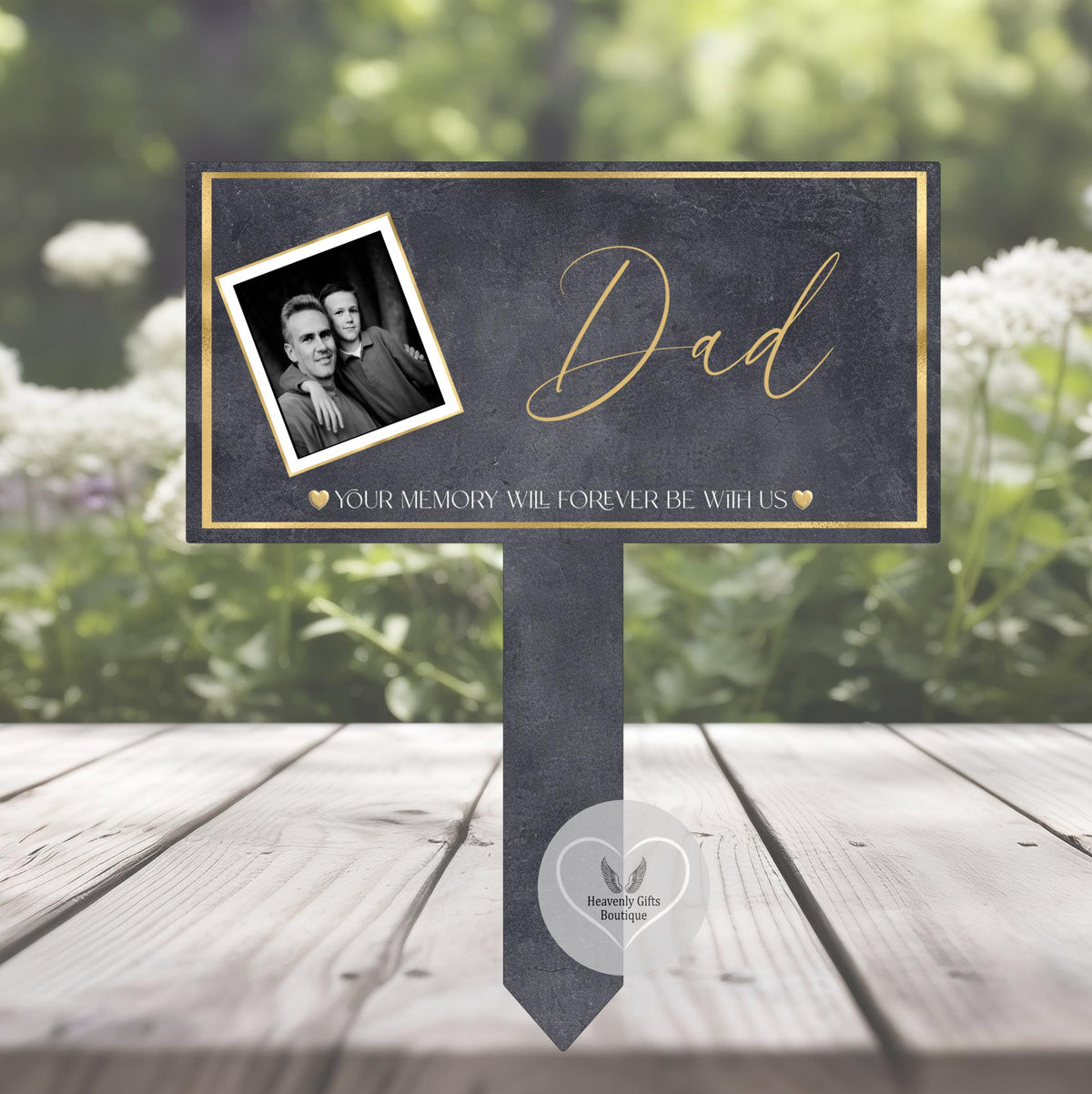 Personalised memorial grave marker with photographs of a loved one