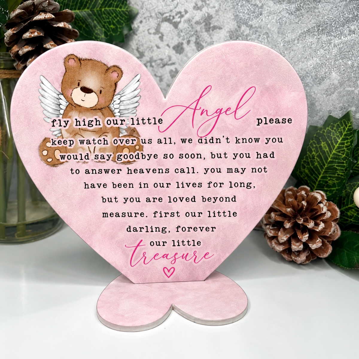 Pink baby loss memorial heart plaque with angel teddy and remembrance poem