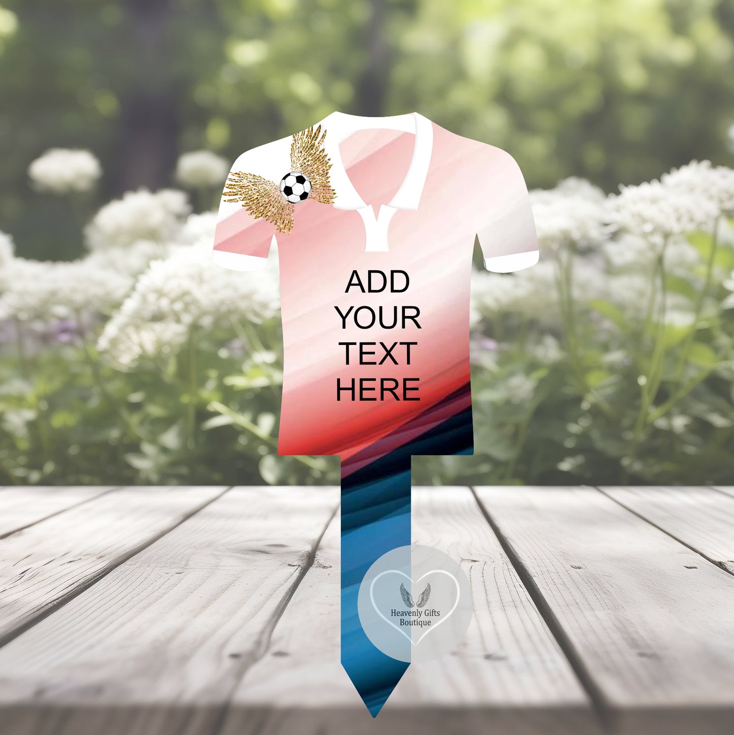 Pink and blue football shirt memorial grave marker showing the custom wording option