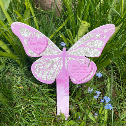 Pink butterfly memorial grave marker with personalised name and quote