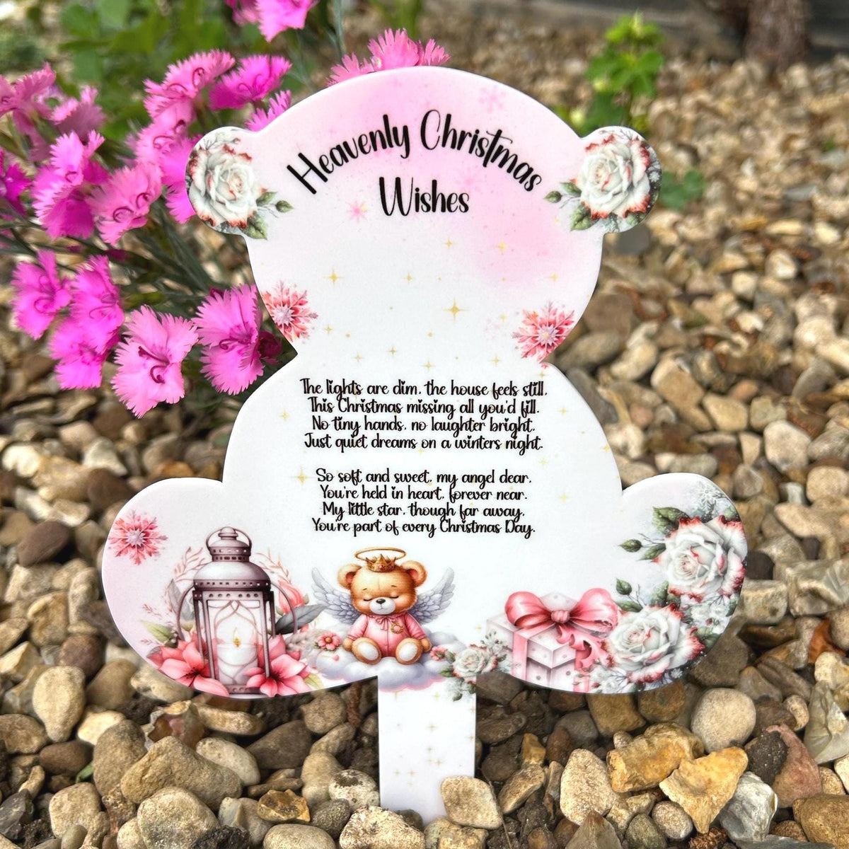 Pink Christmas teddy bear grave marker for baby and child remembrance