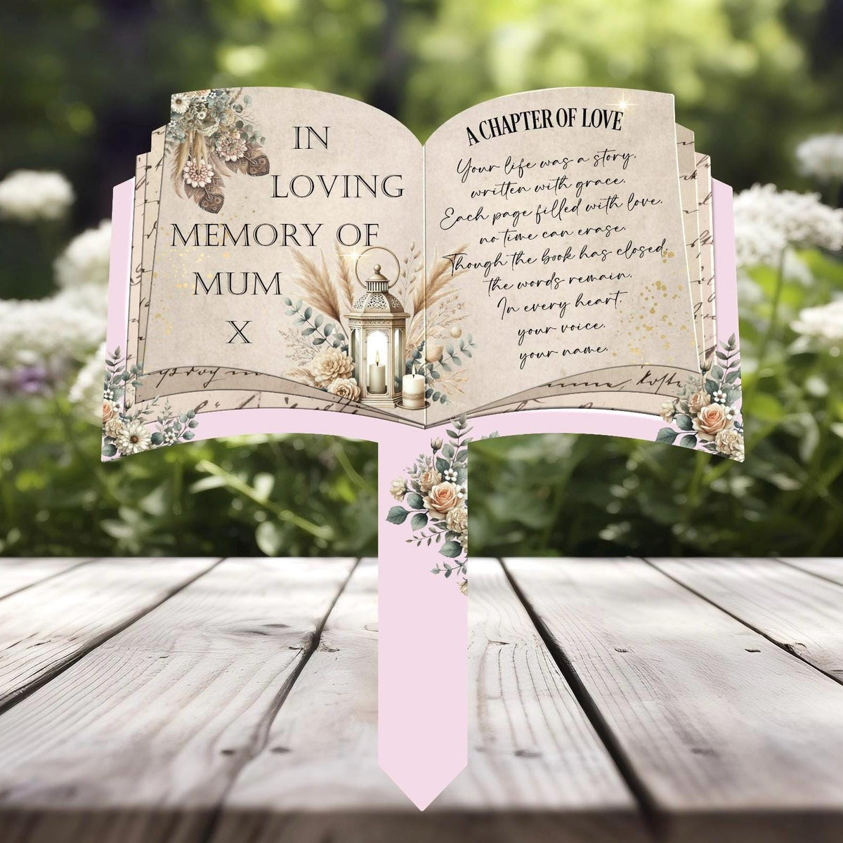 Pink floral open book grave marker personalised for a loved one