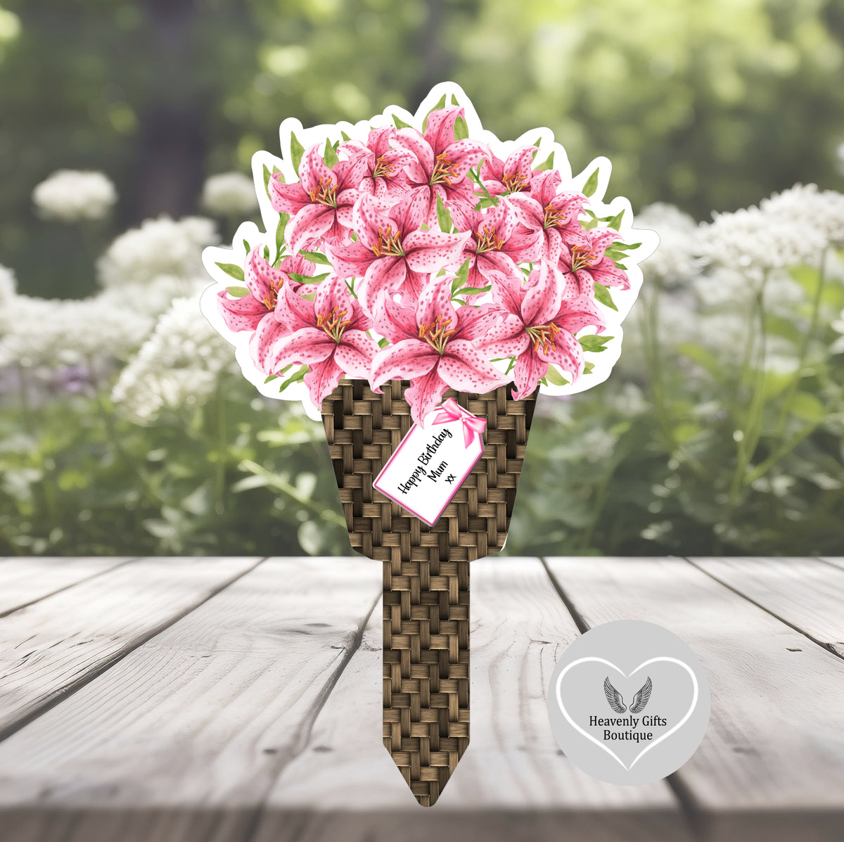 Pink lilies flower bouquet grave marker with personalised wording