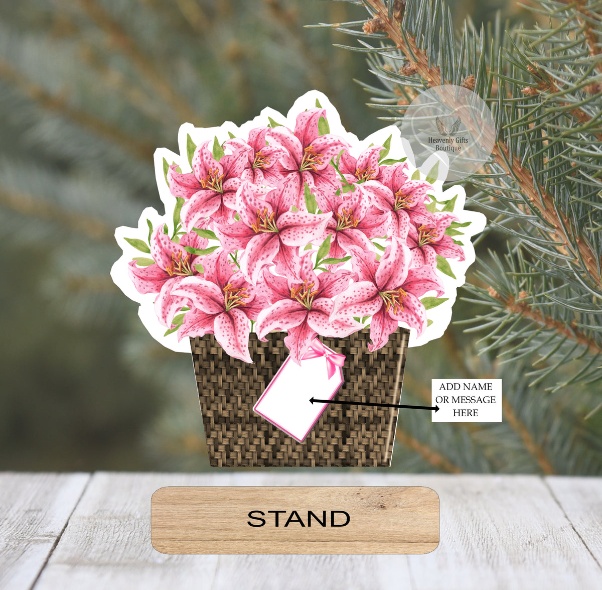 Personalised pink lilies flower bouquet plaque on a stand