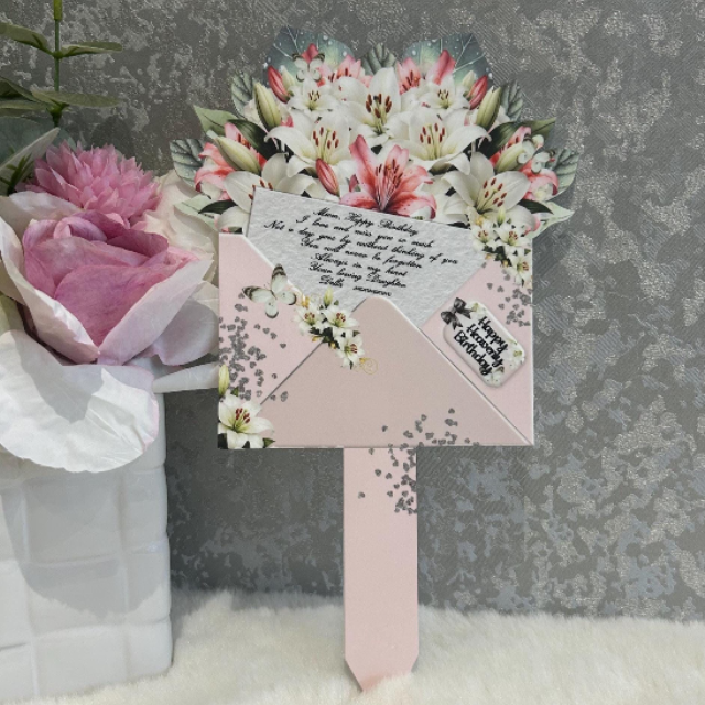 Pink lily memorial flower grave marker personalised with photograph and wording