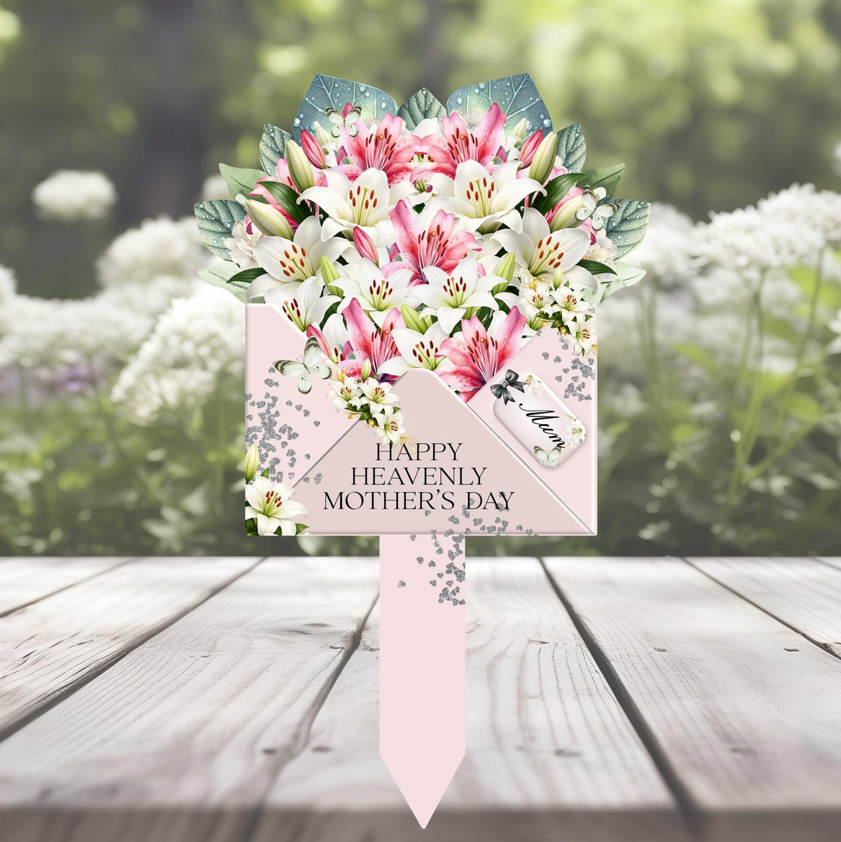Personalised pink lily memorial flower bouquet grave marker design