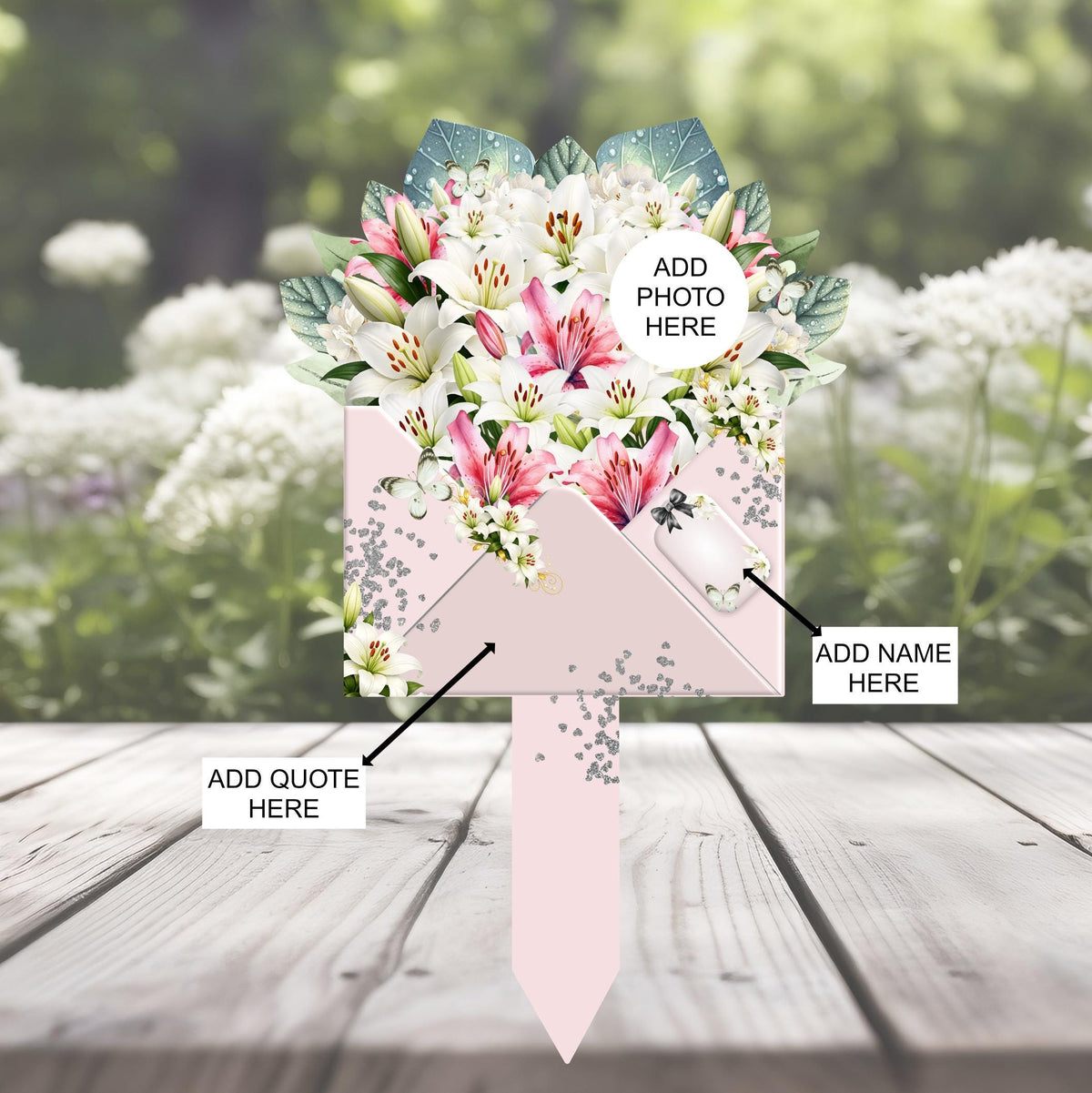 Pink lily graveside remembrance marker with personalised design