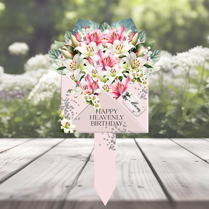 Personalised pink lily graveside memorial flower marker