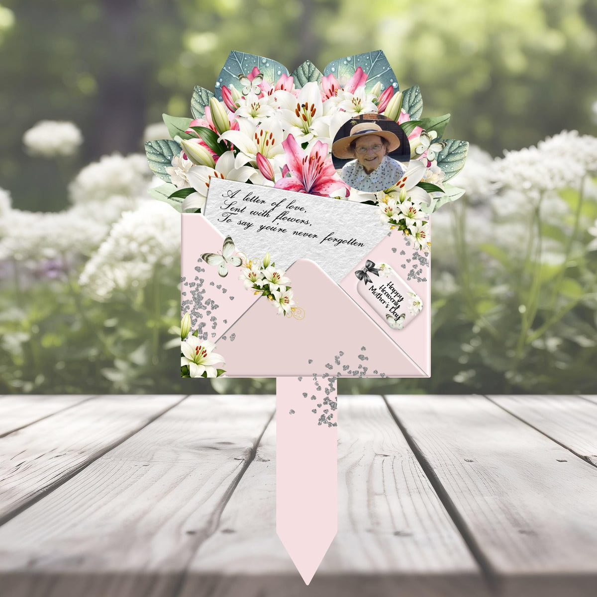 Personalised pink and white lily memorial grave marker