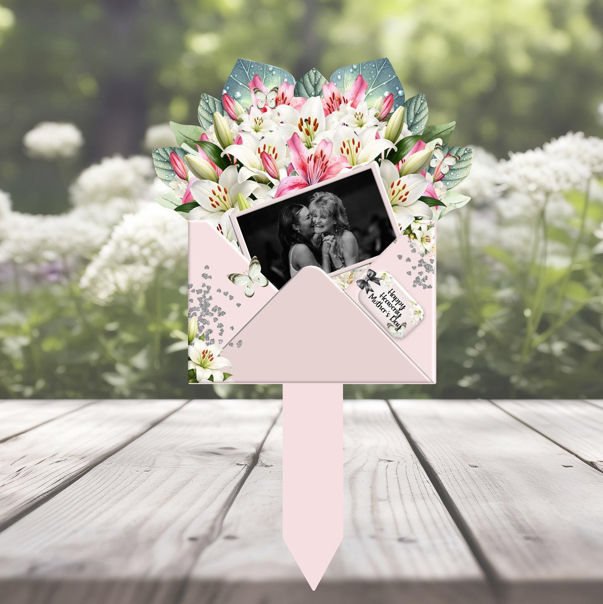 Personalised floral grave marker with pink lily bouquet design