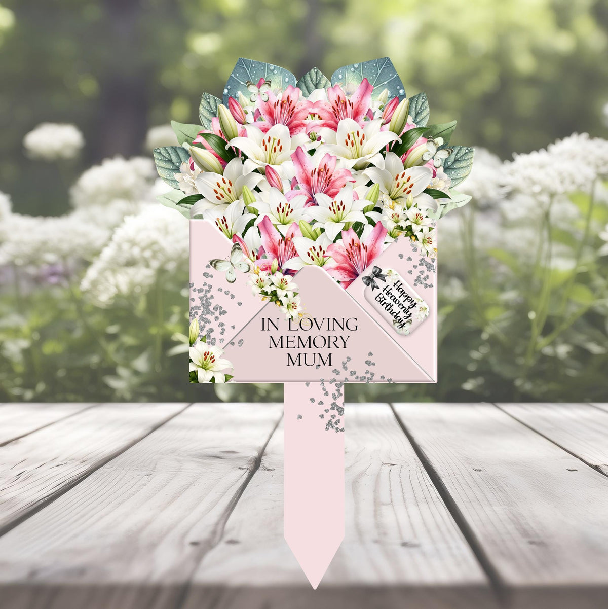 Pink and white lily memorial flower grave marker design