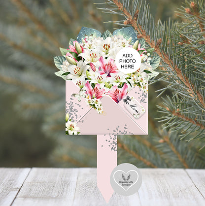 Pink lily memorial flower grave marker personalised with photograph