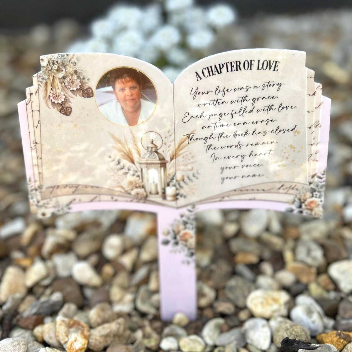 Pink floral open book memorial marker for graveside remembrance