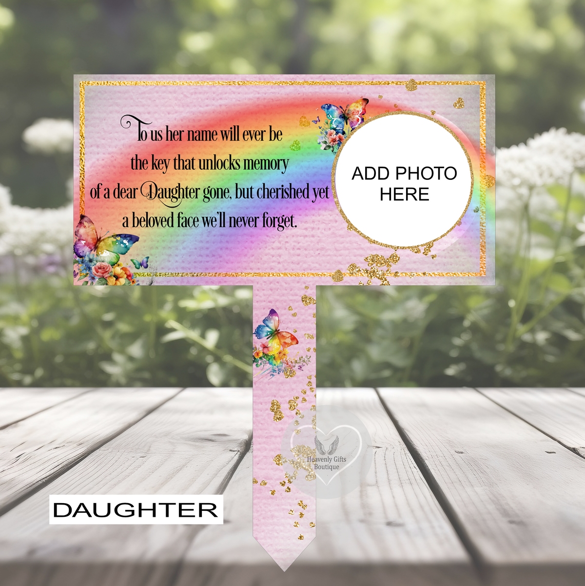 Pink rainbow and butterflies Daughter grave marker with personalised photo