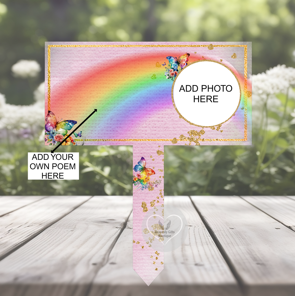 Pink rainbow and butterflies personalised memorial grave marker