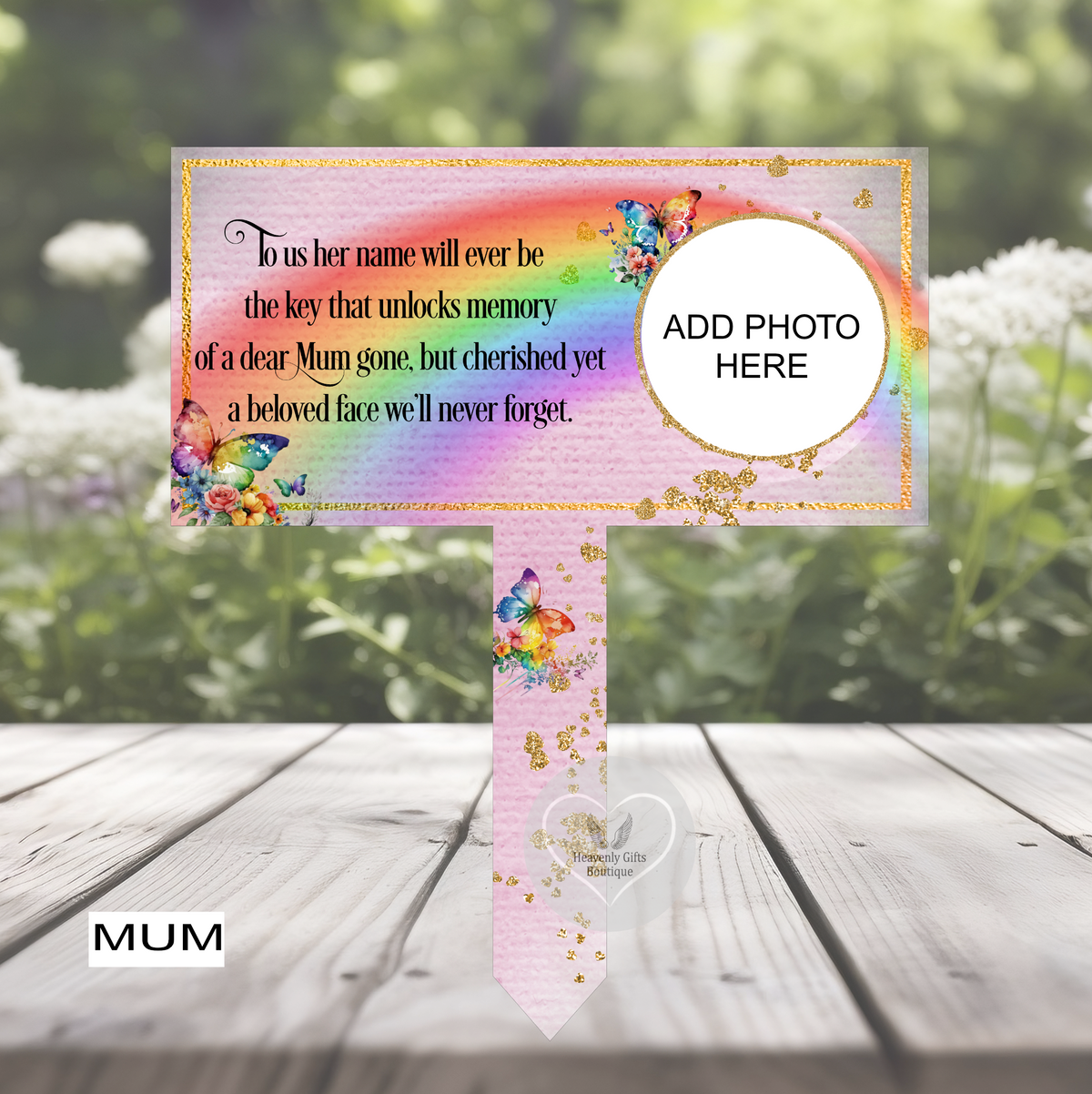 Pink rainbow and butterflies Mum grave marker with personalised photo