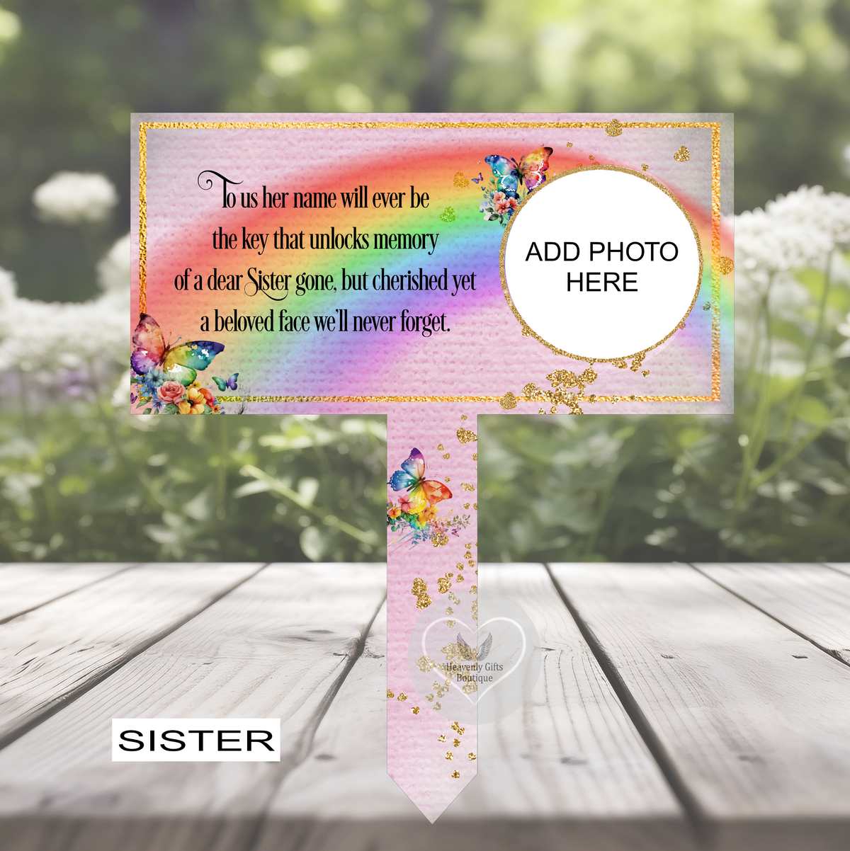 Pink rainbow and butterflies Sister grave marker with personalised photo