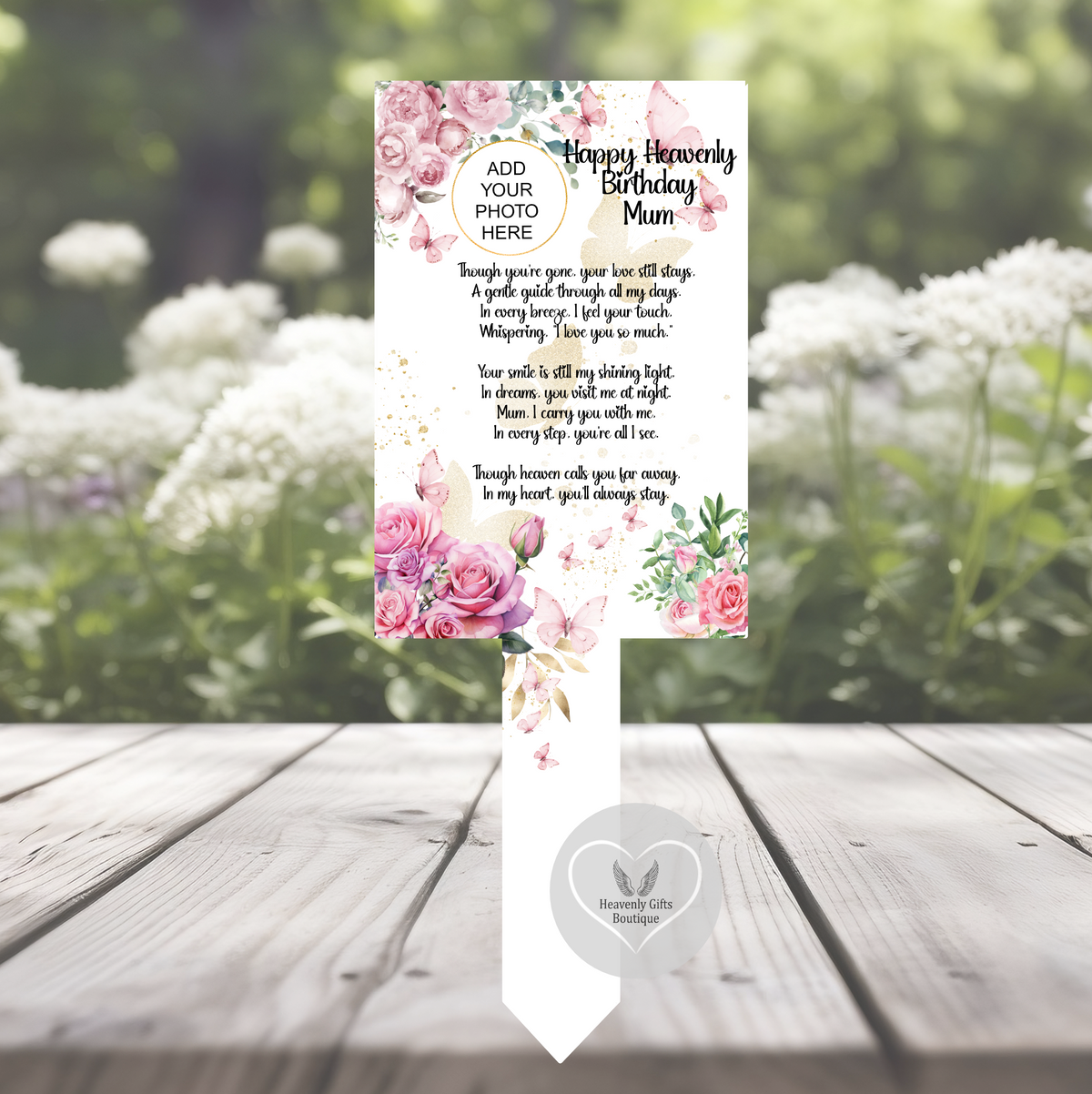 Personalised pink rose and butterfly grave marker with treasured photograph