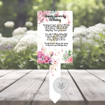 Pink rose and butterfly memorial grave marker with remembrance poem