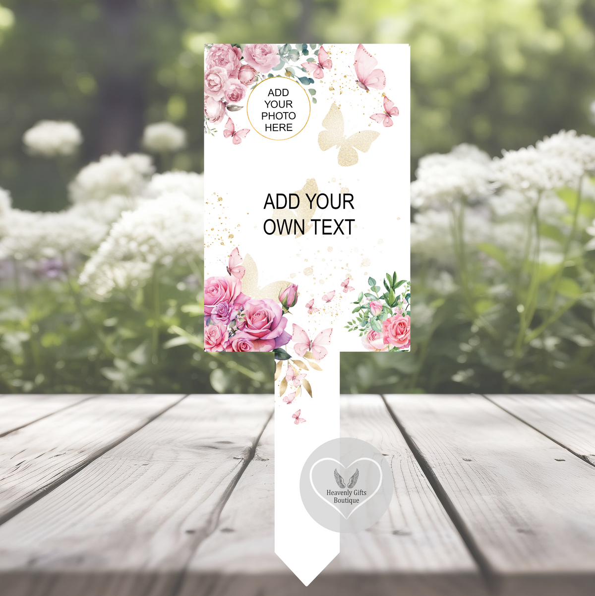 Pink rose and butterfly grave marker with personalised wording and photograph