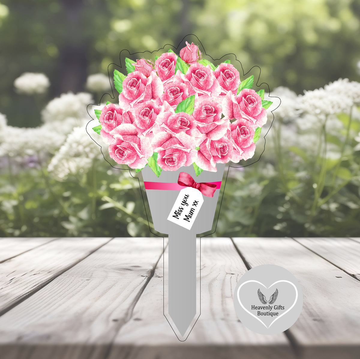 Pink roses flower bouquet grave marker with personalised memorial tag