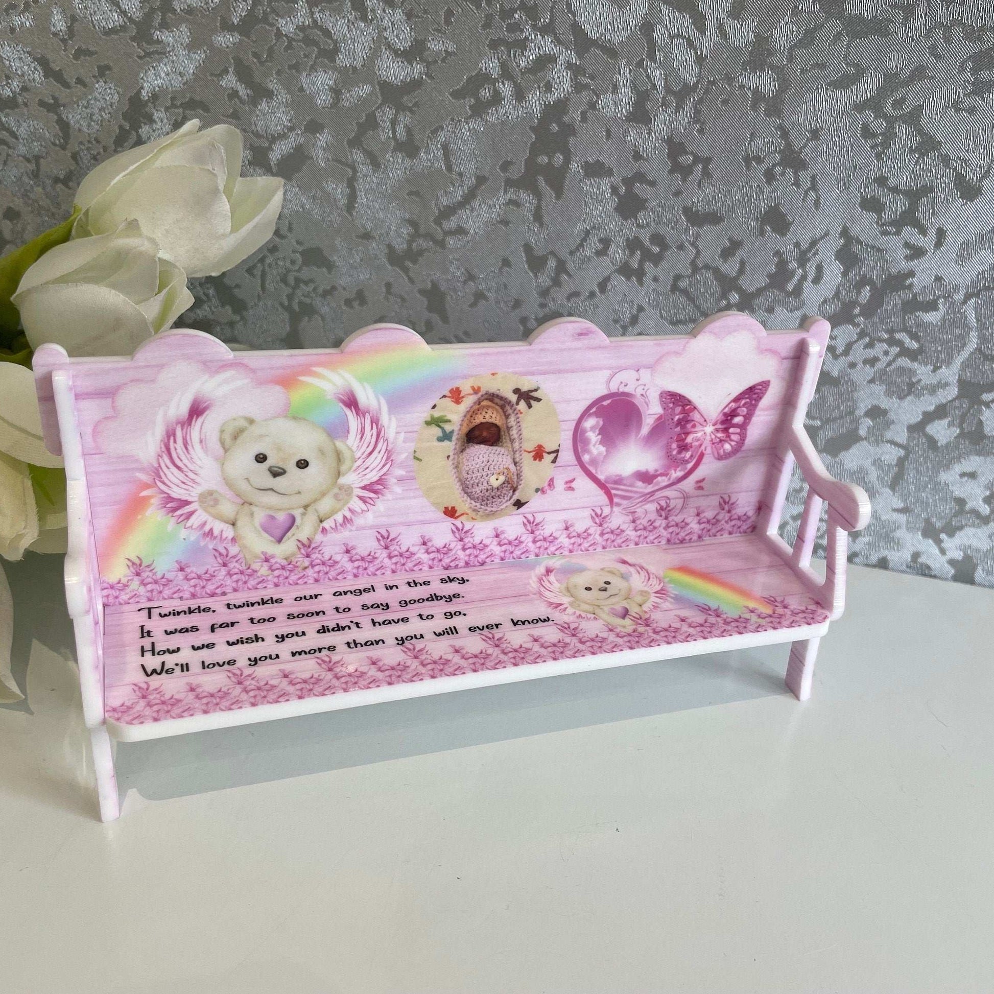 Pink teddy bear baby memorial bench keepsake with personalisation
