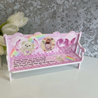 Pink teddy bear baby memorial bench keepsake with personalisation