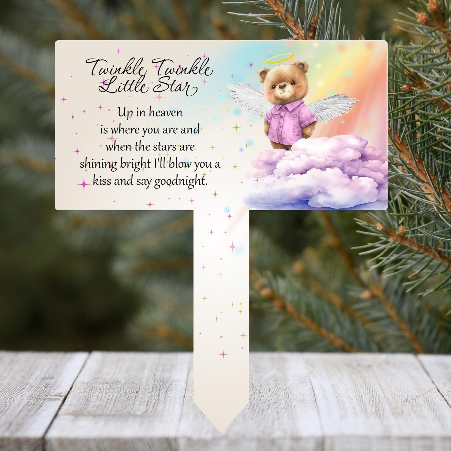 pink teddy bear personalised child memorial grave marker with twinkle twinkle poem 