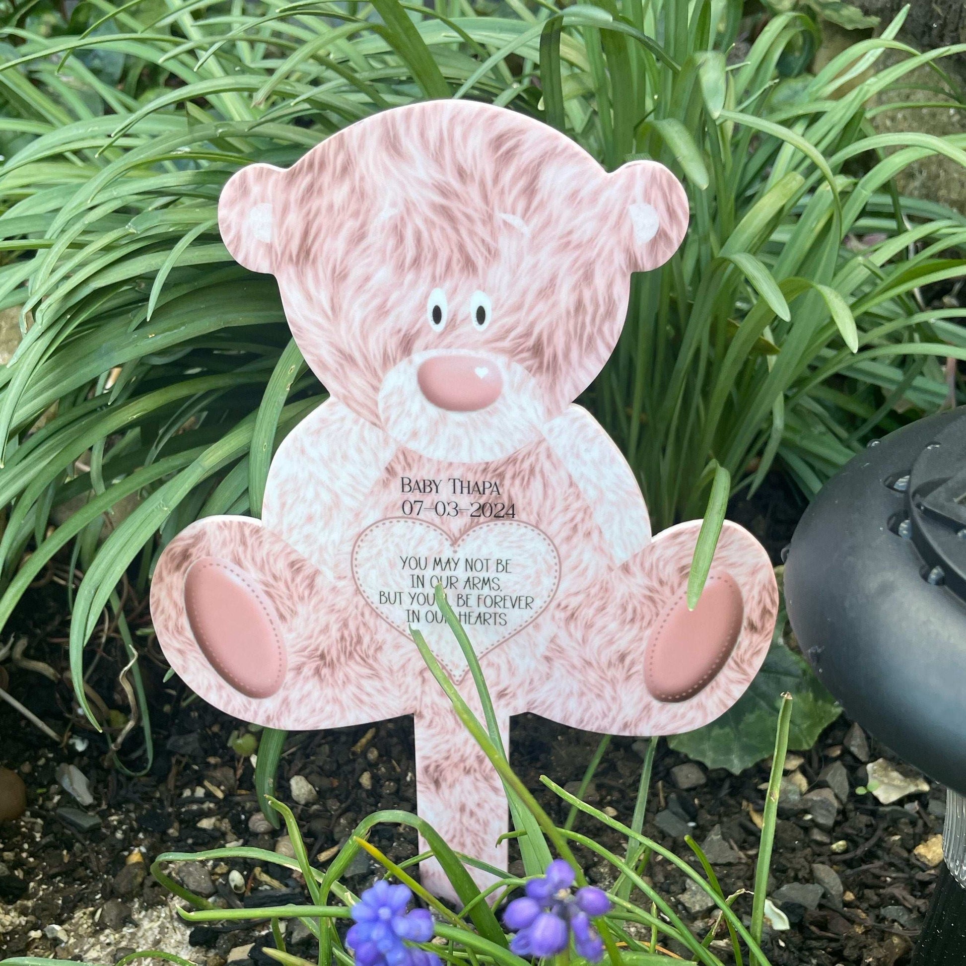 Pink teddy bear infant loss graveside memorial marker with custom wording