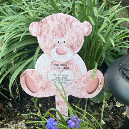 Pink teddy bear infant loss graveside memorial marker with custom wording