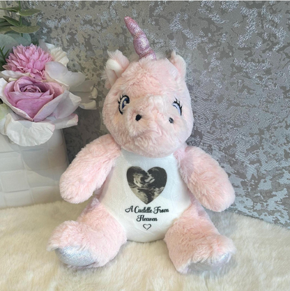 Pink unicorn memorial bear personalised with photograph and wording