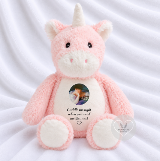 Pink unicorn memorial teddy bear personalised with photo and remembrance wording