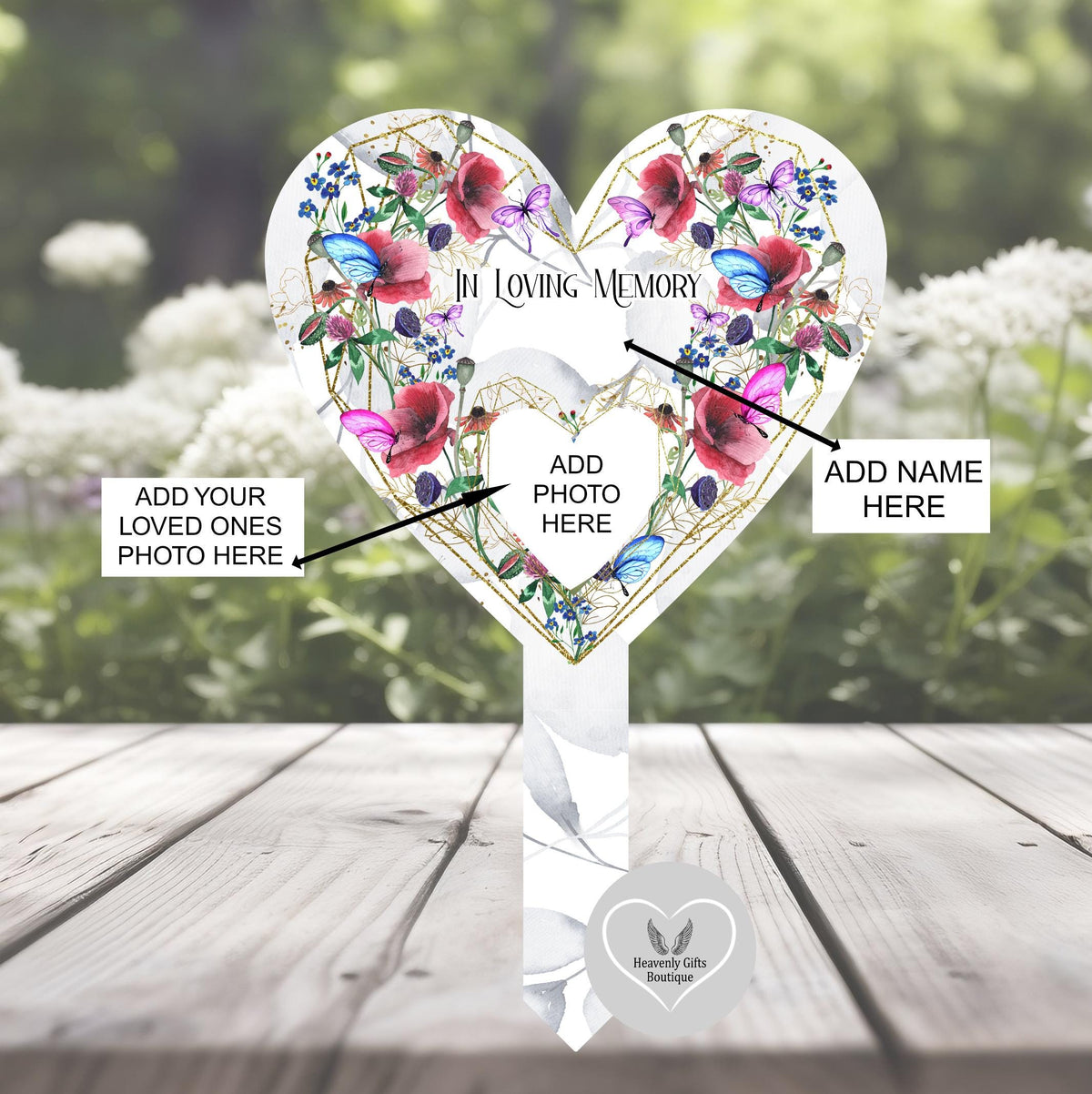 Poppy and butterfly memorial marker personalised with photograph and remembrance wording