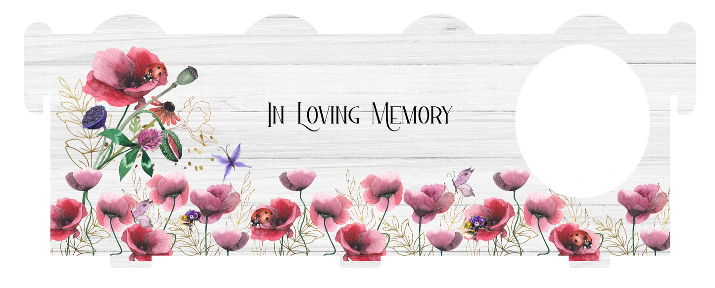 Poppy memorial bench with personalised wording and photograph