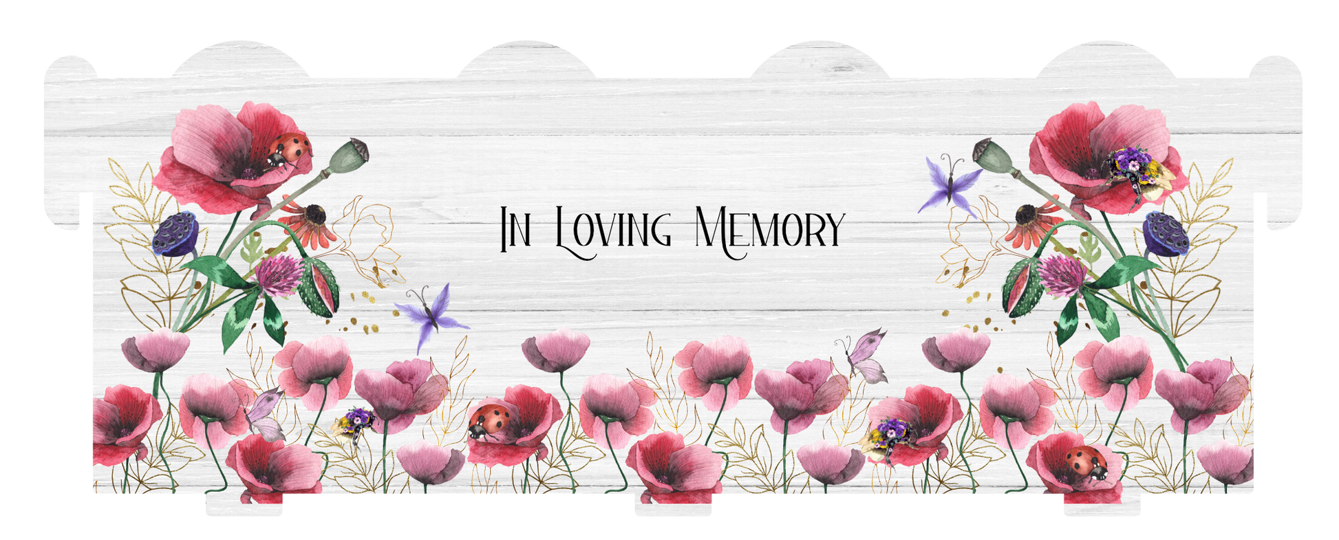 Poppy memorial bench keepsake with personalised remembrance wording