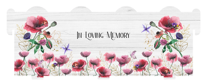 Poppy memorial bench keepsake with personalised remembrance wording