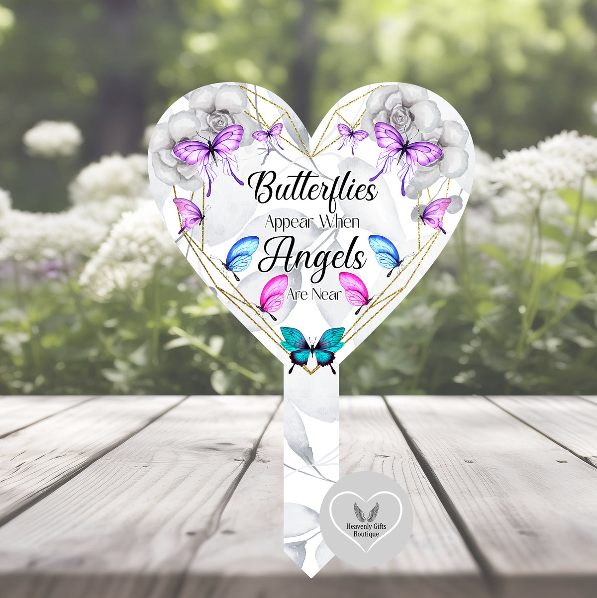 Purple butterfly grave marker with remembrance poem and no photo