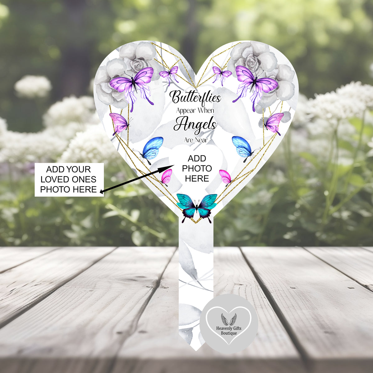 Purple butterfly grave marker with remembrance poem and personalised photo