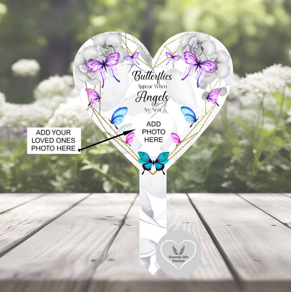 Purple butterfly grave marker with remembrance poem and personalised photo