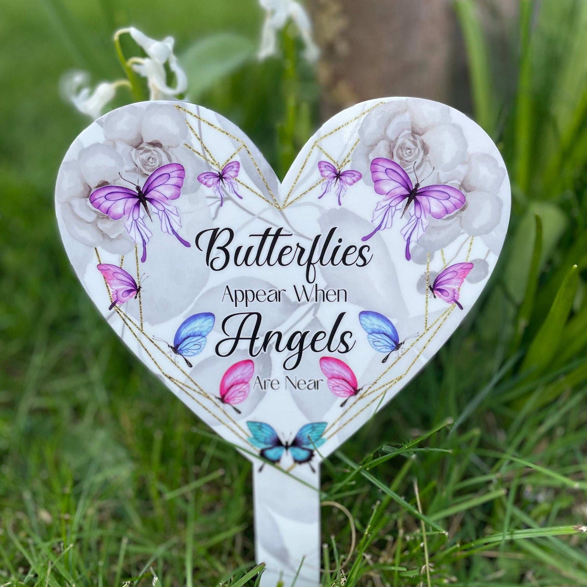Purple butterfly heart grave marker with Angels Are Near remembrance design