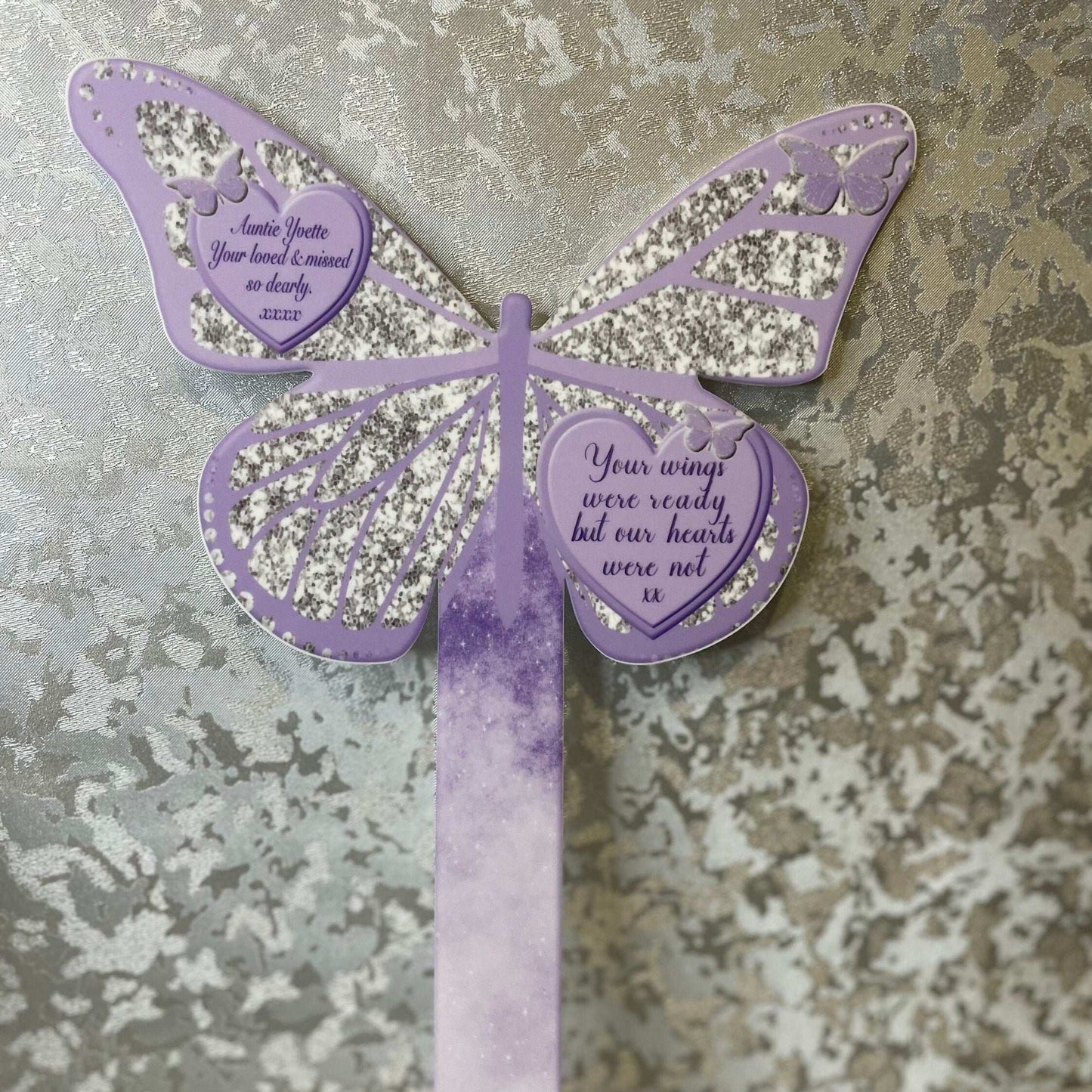 Purple butterfly memorial grave marker for graveside remembrance